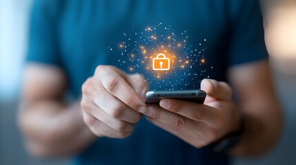 Naklejka premium Digital encryption and security visuals surround a smartphone displaying a lock icon representing the importance of data protection and privacy in the digital age