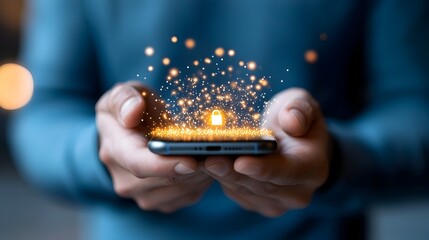 Glowing lock symbol displayed on a mobile phone screen representing the concept of data encryption mobile device security and cybersecurity protection for digital information and communications