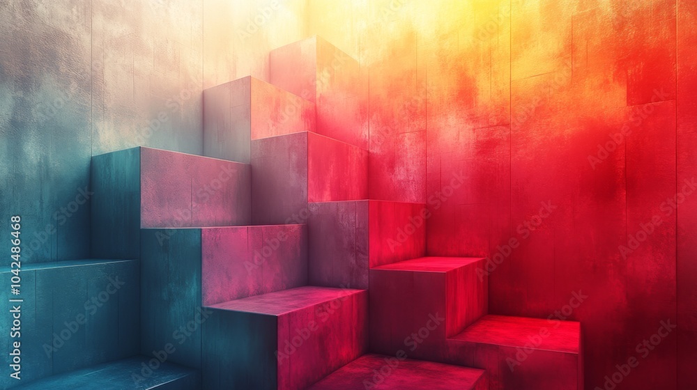 Poster A striking abstract representation features a staircase made of blocks in warm and cool gradients, creating an engaging and colorful atmosphere.