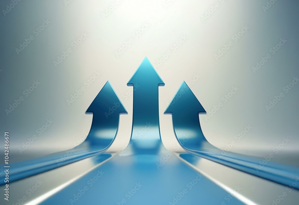 Poster three blue arrows point upward in a three dimensional image.