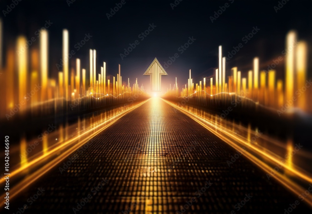 Fototapete a golden arrow points upward on a glowing path lined by shimmering, vertical lines.