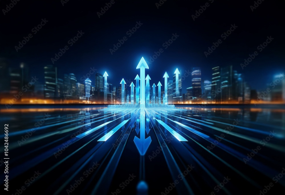 Poster Glowing blue arrows point upwards from a city skyline in the distance, forming a network of pathways.