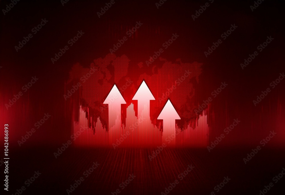 Poster Three white arrowheads point upwards against a red background with data representations in the background.