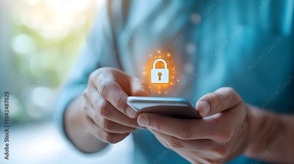 Wall mural secure mobile technology and cybersecurity protection represented by a glowing lock icon on a smartp