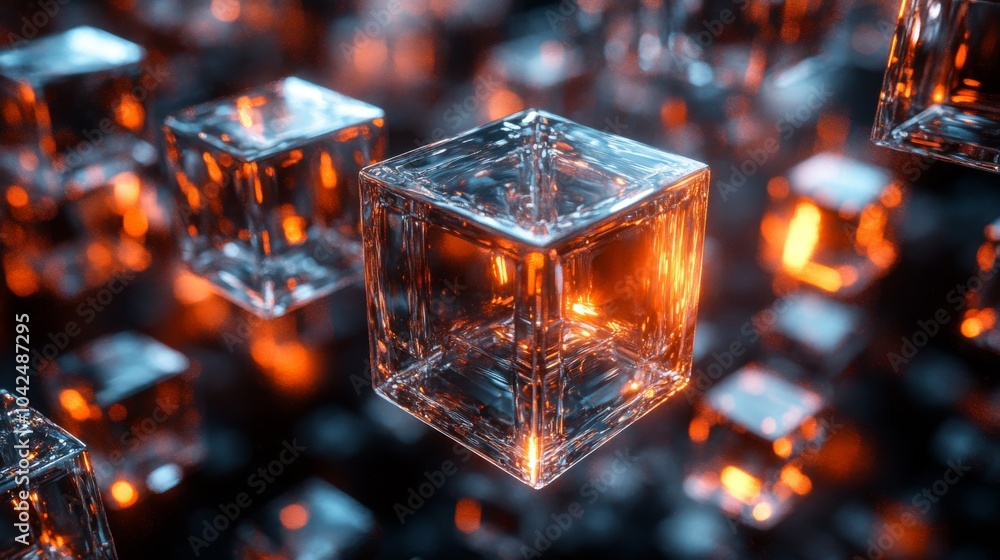 Aufkleber in a dark environment, transparent glass cubes float, reflecting and refracting warm orange light, c