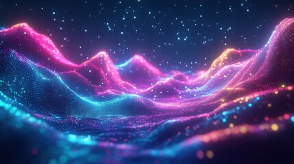 Fototapeta premium Abstract glowing landscape with neon blue and pink colors, with a dark blue background and a scattering of lights.