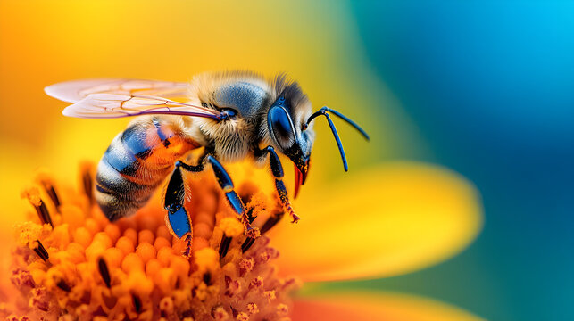 insecto abeja parado en el polen de una flor polinizando para la produccion de miel
