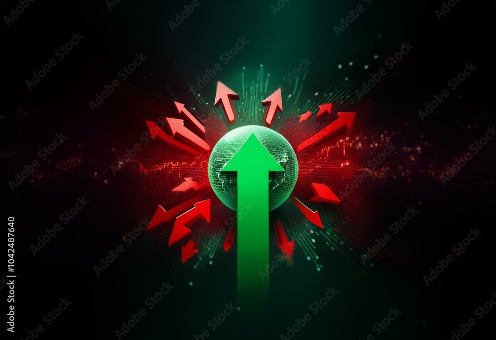 Poster a green arrow rises above a green globe surrounded by red arrows. the background has a dark, abstrac