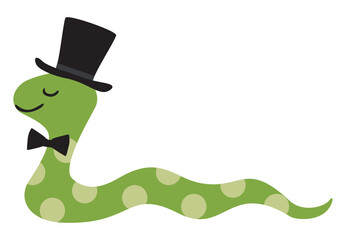 シルクハットと蝶ネクタイをしたオシャレな水玉模様のヘビのベクターイラスト