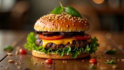 A FoodieÆs Delight: A Mouthwatering Pepperoni Burger with Fresh Vegetables in a Casual Setting