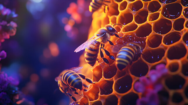 acercamiento de abejas trabajando en un panal en la naturaleza trabajando en la colmena polinizando y produciendo miel de abeja