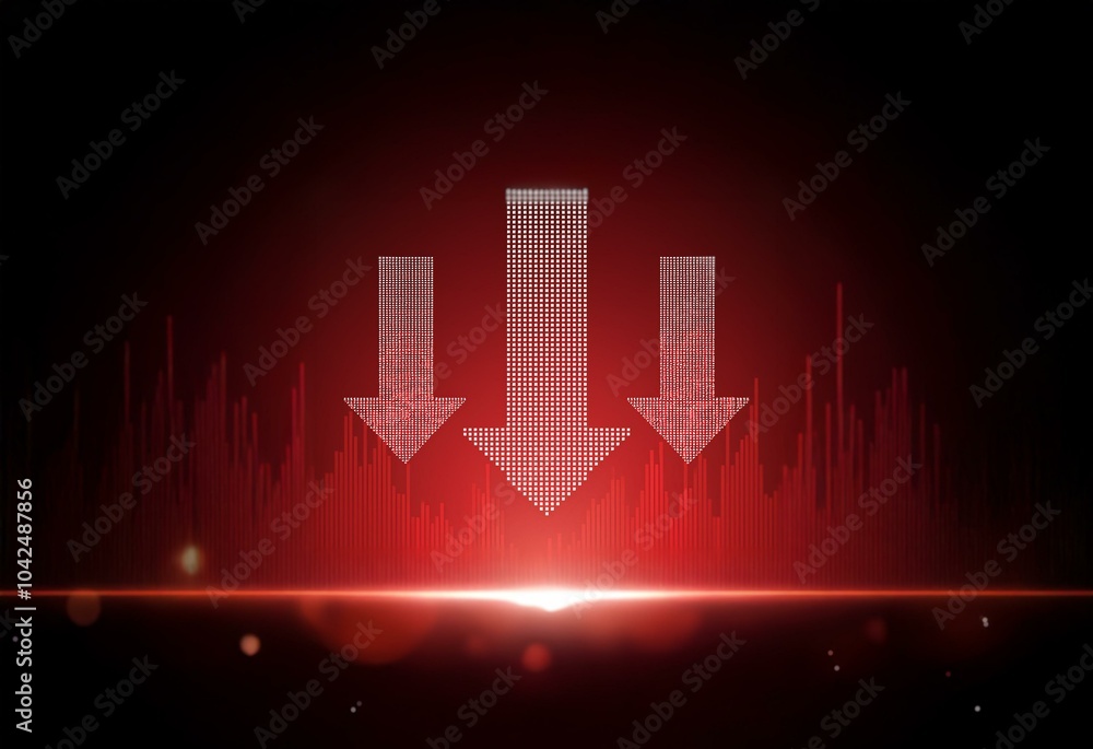 Aufkleber Three white arrows pointing down, made of pixels, on a red background with red vertical bars.