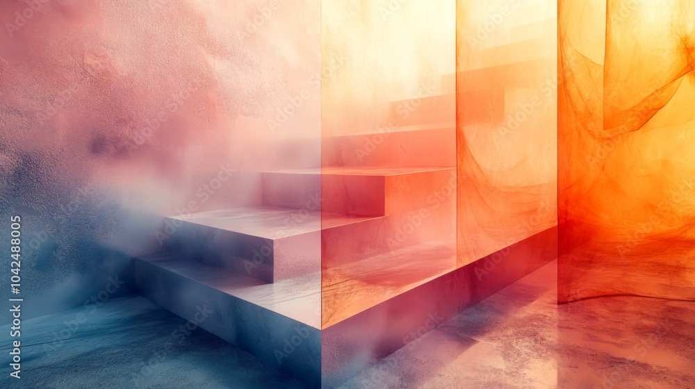 Poster a minimalist staircase made of concrete sits adjacent to vibrant, translucent panels. the space is e