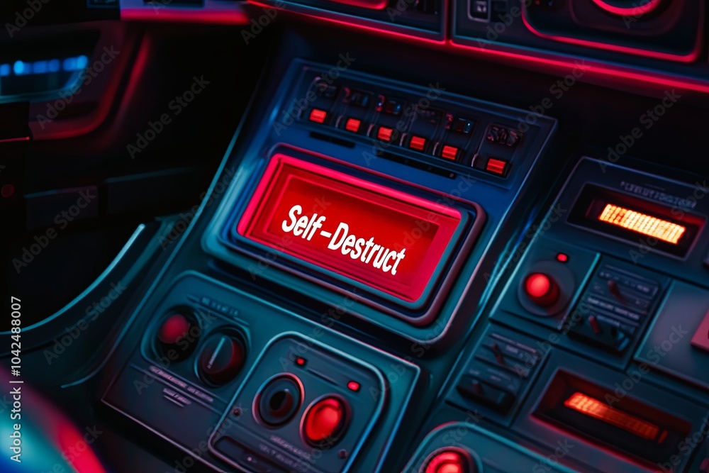 Poster a futuristic control panel with a self-destruct button illuminated in bright red inside a sci-fi the