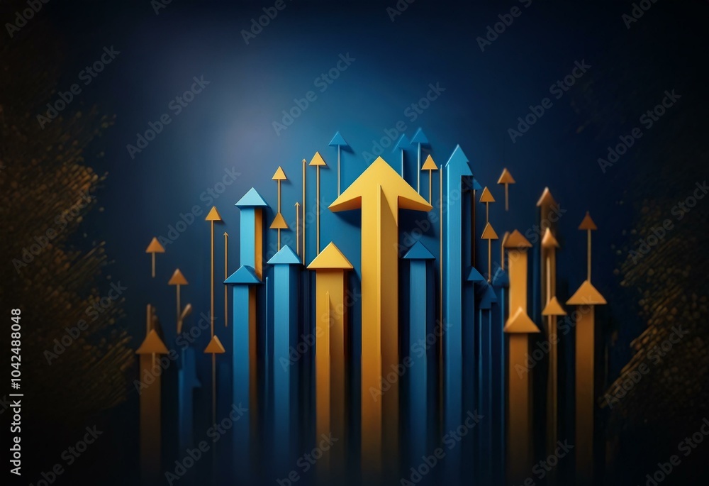 Poster a blue and yellow background with multiple arrows pointing upwards.