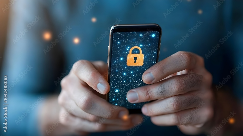 Wall mural showcasing a smartphone with a lock symbol on the screen highlighting cybersecurity measures and pri
