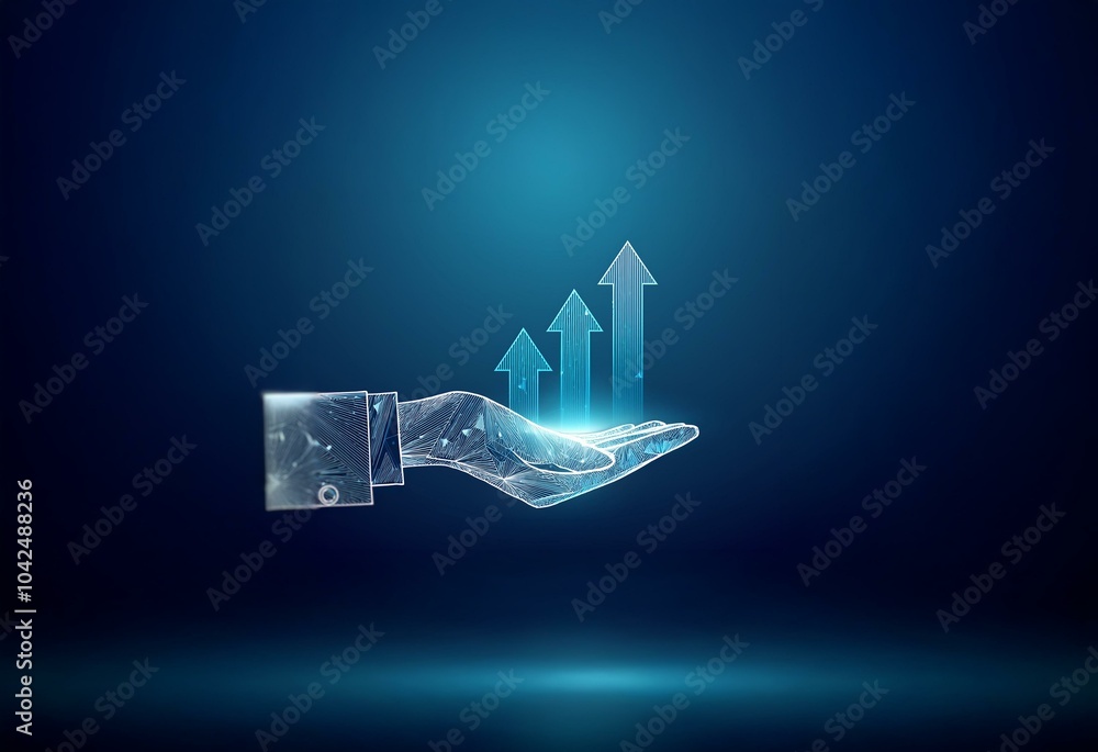 Poster a stylized, glowing hand with open palm is holding three upward facing arrows on a dark blue backgro