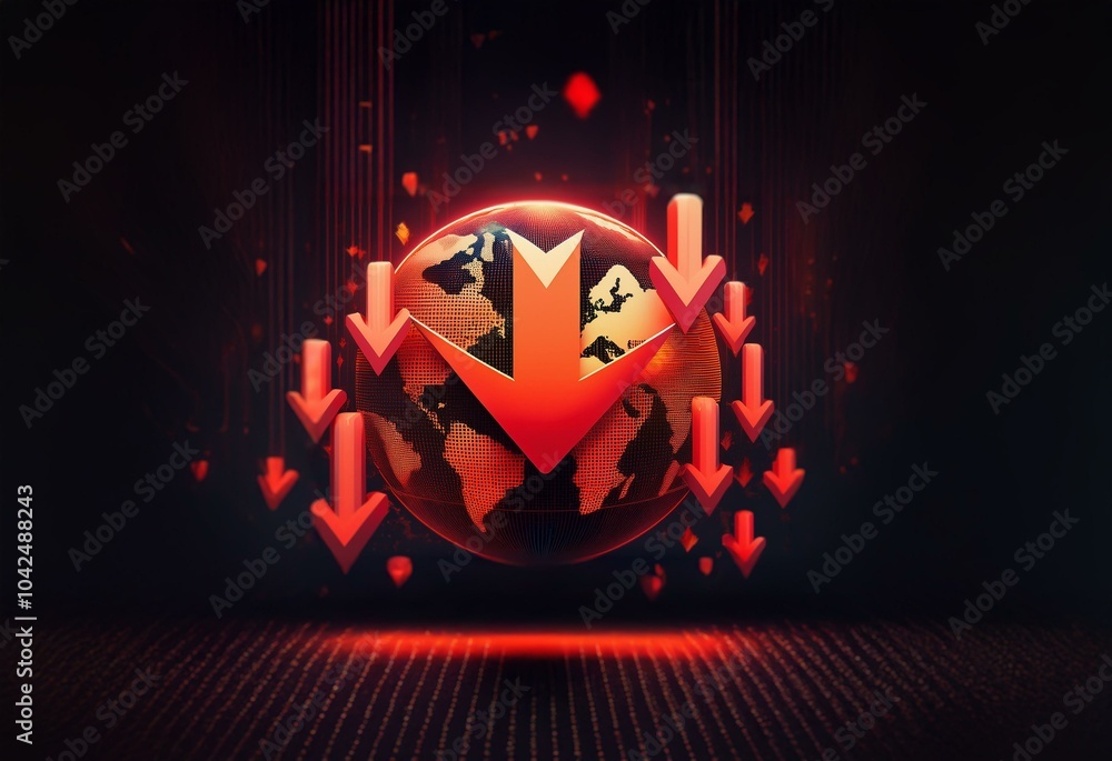 Fototapete a glowing, red globe with a large red arrow pointing down, surrounded by smaller arrows pointing dow