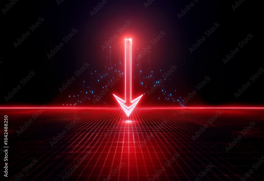 Poster a red arrow pointing down, glowing brightly against a dark background with a grid pattern.