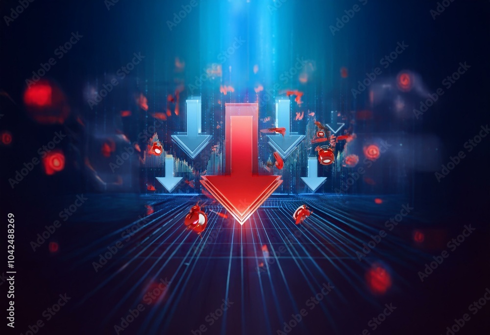 Fototapete a large red arrow points down in a blue, digital space. red symbols are scattered throughout the ima