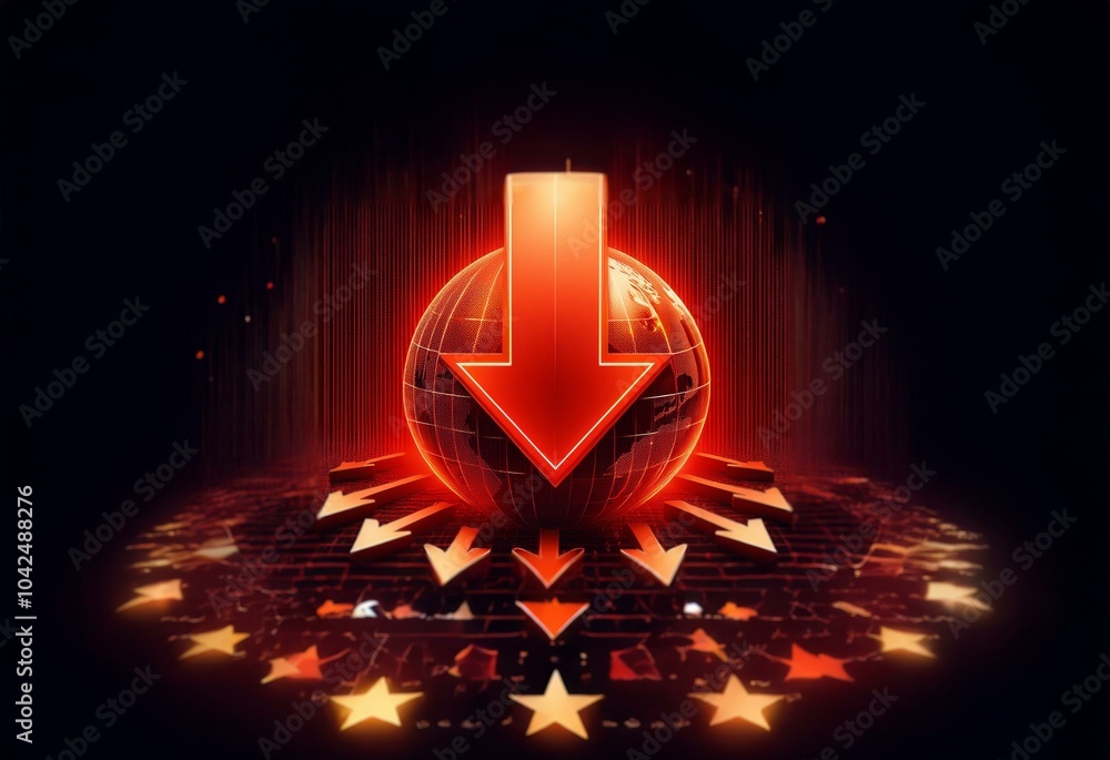 Fototapete a large red arrow points down onto a glowing globe surrounded by smaller arrows on a dark background