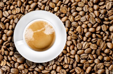 Coffee Mug and aroma Coffee Beans on Background