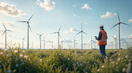 Team prüft erneuerbare Energien: Windkraft und Solarenergie im Sonnenaufgang tragen zu einer sauberen Umwelt bei