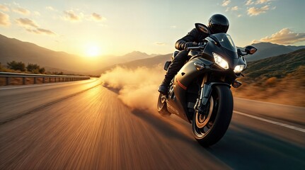 Motorradfahrer voller Adrenalin auf Abenteuerfahrt mit seinem Rennmotorrad: Schnell in Richtung Sonnenuntergang