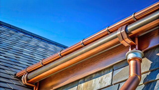 Detailed shot of a copper gutter on a slate roof with a backdrop of a clear blue sky