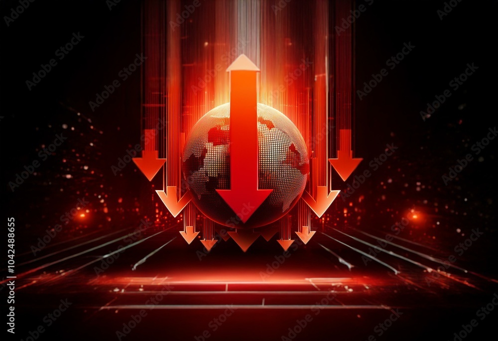 Leinwandbilder red arrows point down towards a glowing globe set against a black background with streaks of red lig