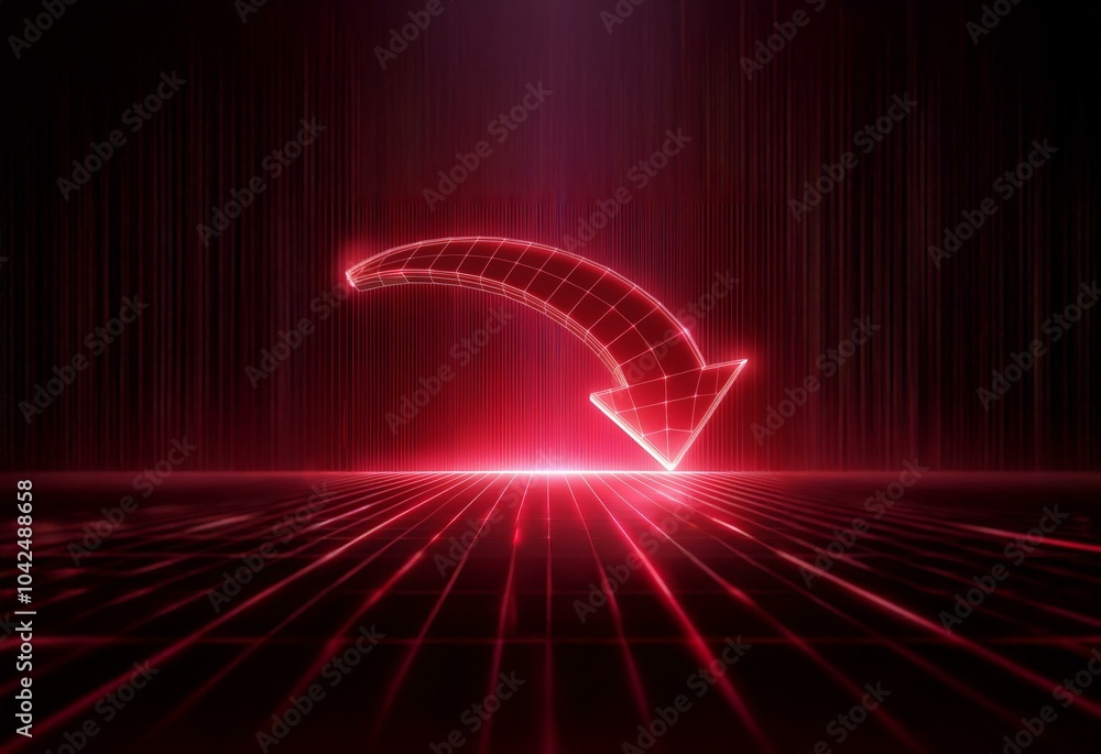 Poster a red neon arrow pointing down over a grid pattern on a dark background.