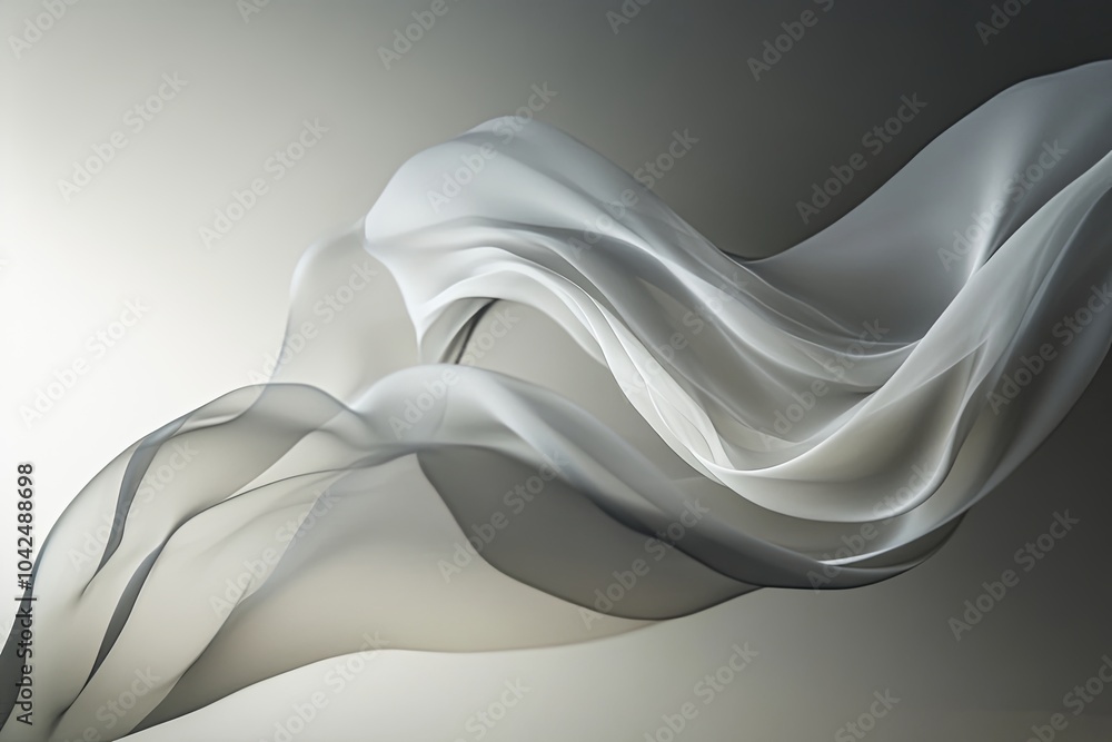 Poster soft flowing fabric in shades of white and gray gracefully drapes against a muted backdrop, creating