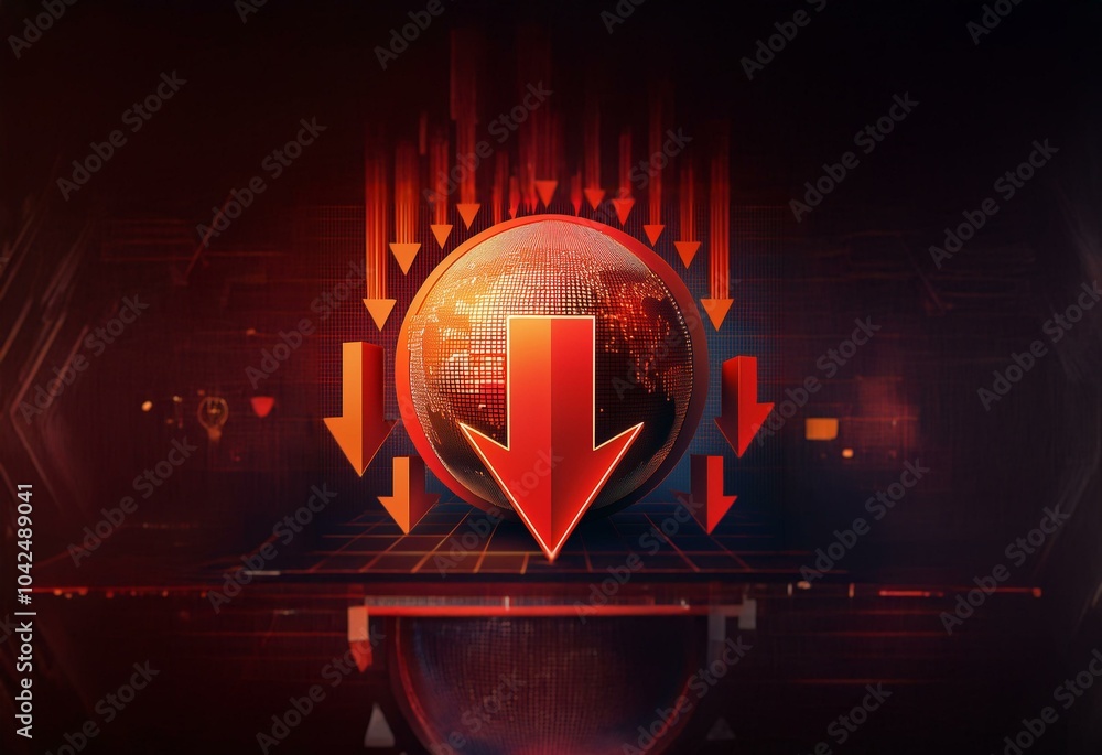 Fototapete A red globe with a large red arrow pointing downward is surrounded by smaller red arrows pointing downward, all on a red and black background.