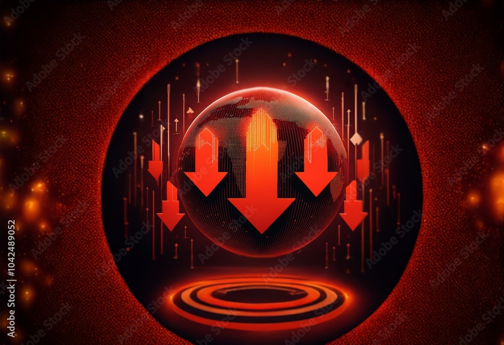 Poster A glowing red globe with a network of lines is surrounded by large red arrows pointing down and smaller glowing lights.