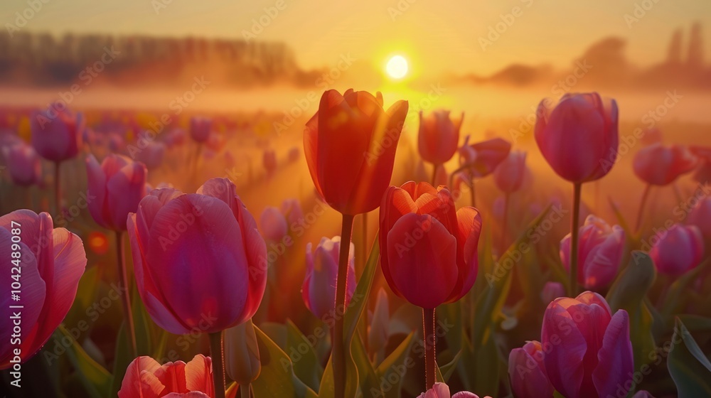 Canvas Prints Sunrise Over a Field of Tulips