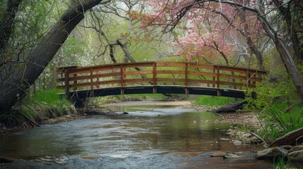 Obraz premium Wooden Bridge Over a Tranquil Stream