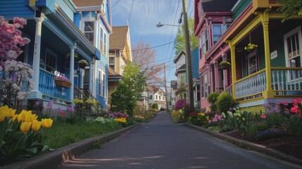 Fototapeta premium Colorful Victorian Houses on a Spring Street
