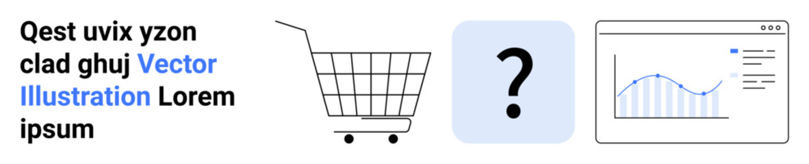 Shopping cart, question mark, and data graph on a webpage. Ideal for e-commerce, analytics, data analysis, online shopping, marketing strategies. Banner for landing page