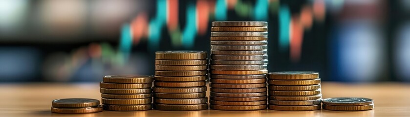 Towering stack of coins with a vibrant financial growth chart, representing prosperity and successful market strategies