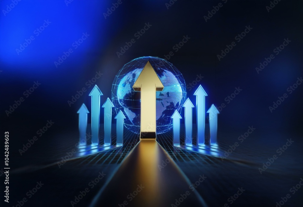 Aufkleber A golden arrow points up with a digital globe in the background and blue arrows to the sides.