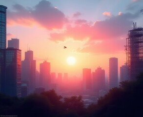 Fototapeta premium A breathtaking city skyline at sunset, showcasing vibrant hues and modern architecture, perfect for business presentations, urban planning, and lifestyle projects.