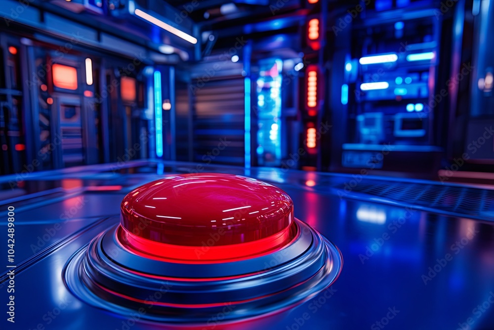 Poster a large red button illuminated in a high-tech control room with blue and red lighting effects during