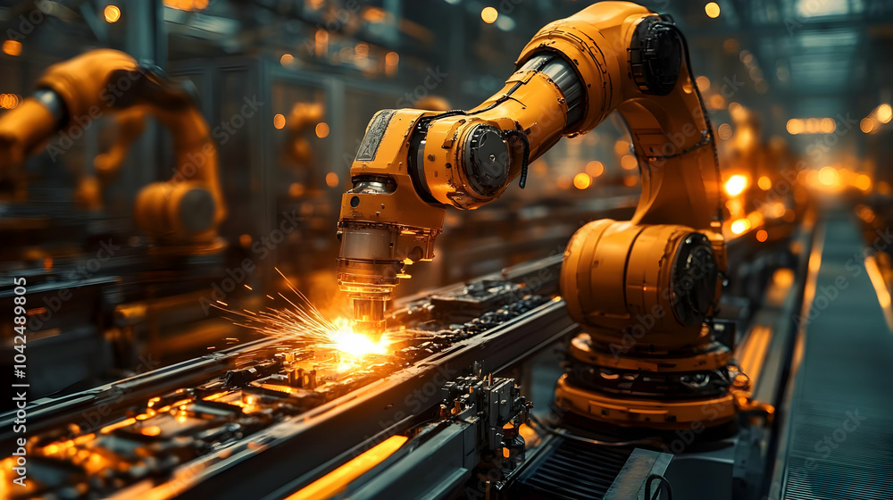 Poster industrial robot welding in a factory setting, creating sparks.