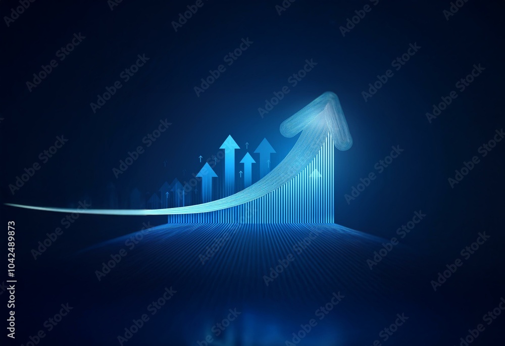 Poster a blue glowing arrow points upward on a dark blue background. multiple smaller blue arrows surround 