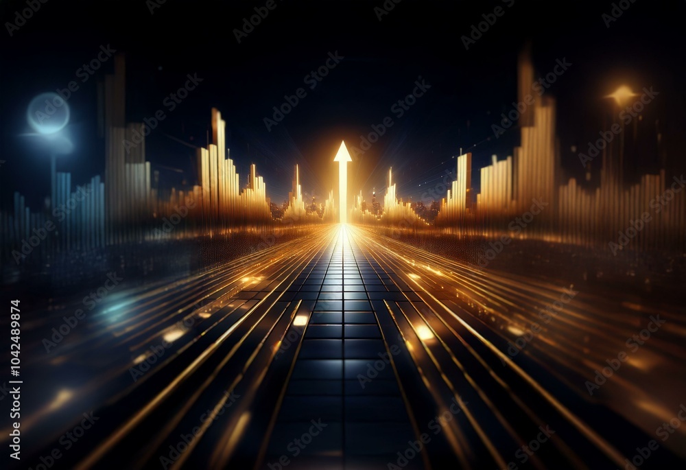 Canvas Prints A glowing golden arrow points upward on a path of reflective tiles, surrounded by tall illuminated bars.