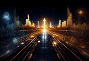 A glowing golden arrow points upward on a path of reflective tiles, surrounded by tall illuminated bars.