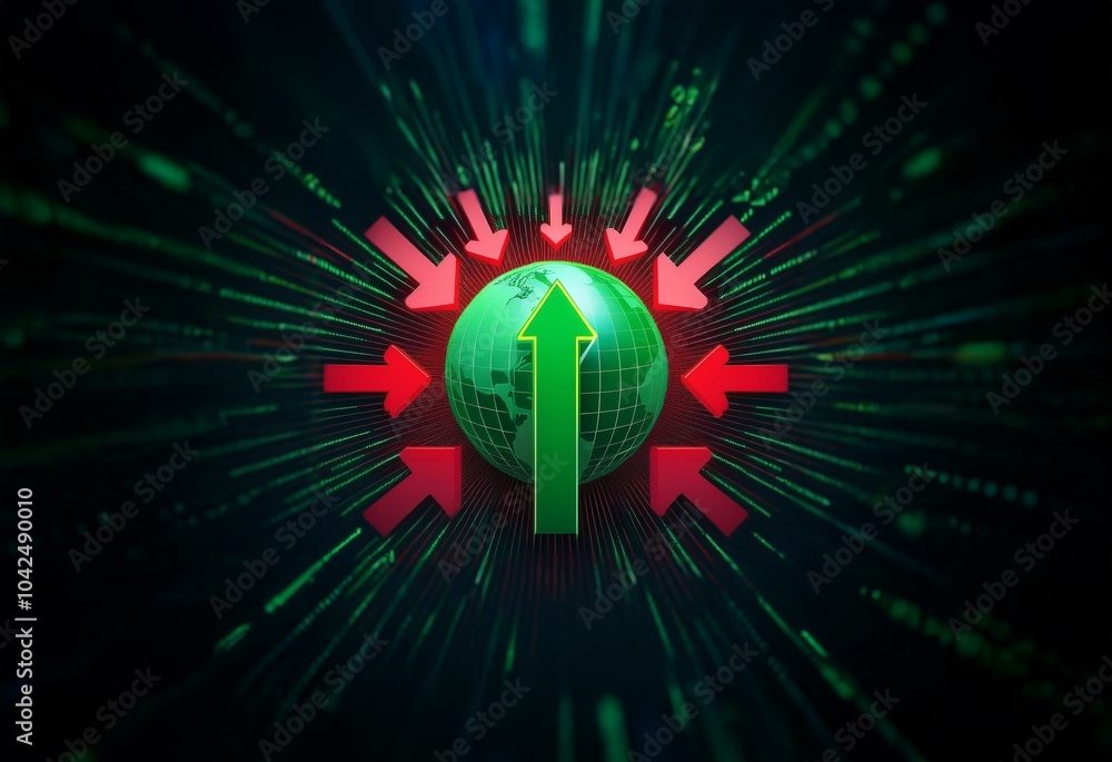 Fototapete a green globe with an upward arrow sits in the center of a dark background with bright green and red