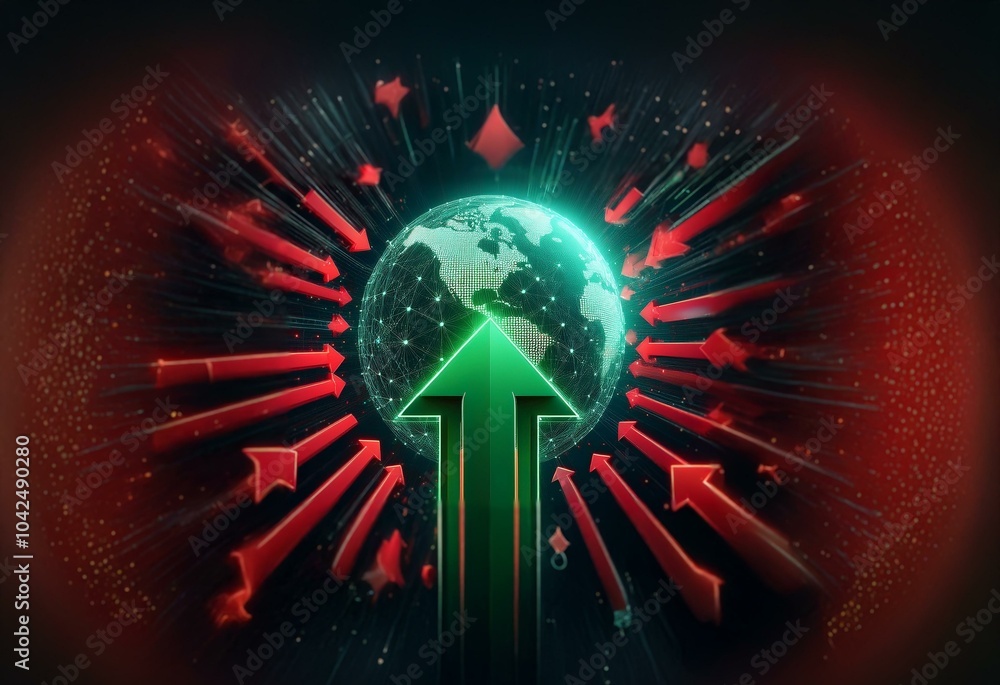 Fototapete a glowing green arrow pointing upward with red arrows pointing in all directions surrounding a glowi