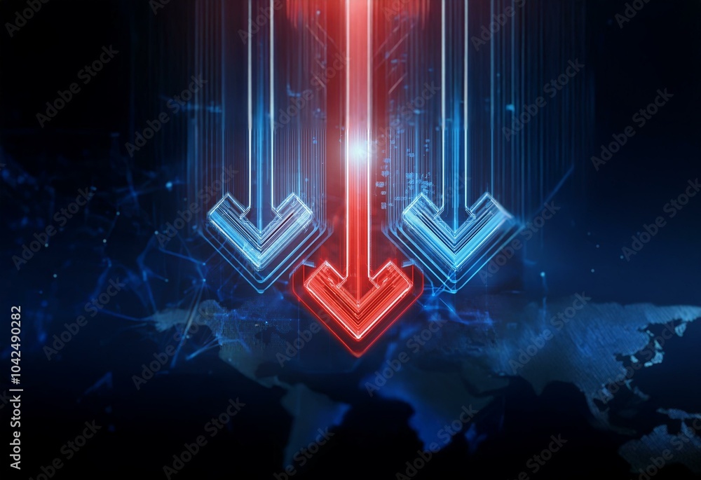 Poster red and blue neon arrows with glowing lines over a dark blue background with a blurred outline of a 