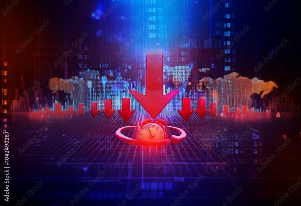 Aufkleber Red arrows point down towards a clock on a digital grid with a blurred world map in the background.